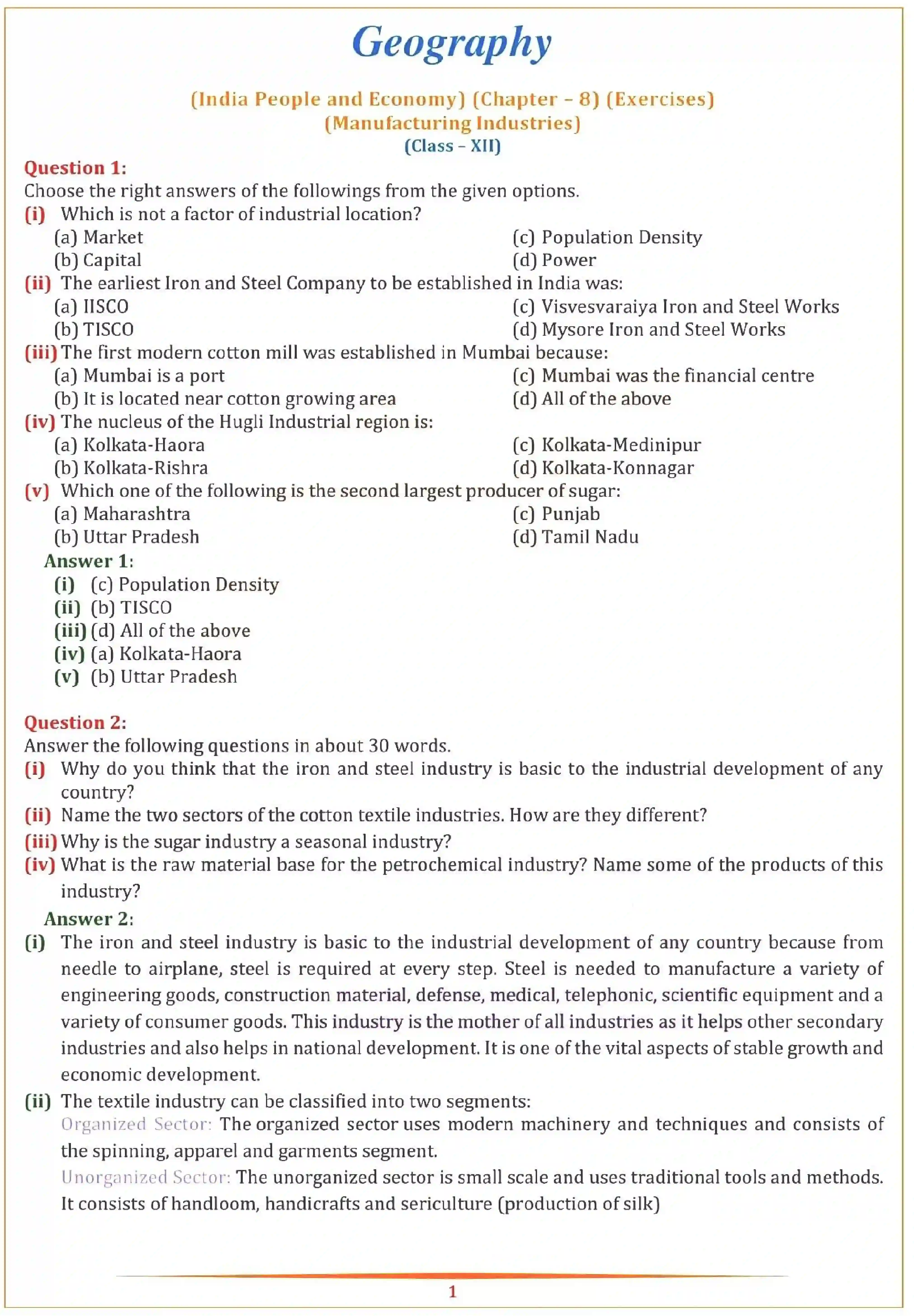 NCERT-Solution-Class-12-Geography-Chapter-8-Manufacturing-Industries-2324-page-1